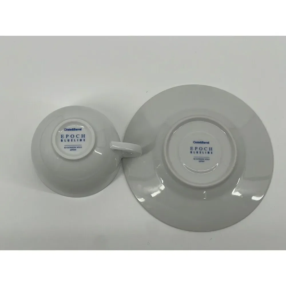 Crate & Barrel Epoch Blue Line White Tea Cup & Saucer Set Kathleen Wills Japan